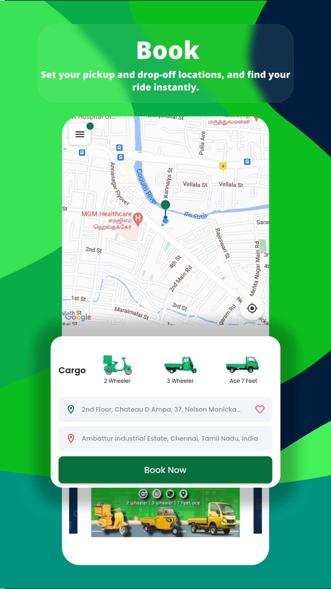 Semja app user screen showing pickup and drop location for cargo booking in Chennai