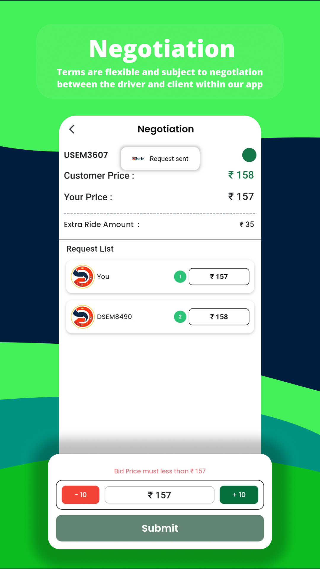 Driver app screen showing negotiation between the driver and customer for cargo delivery pricing