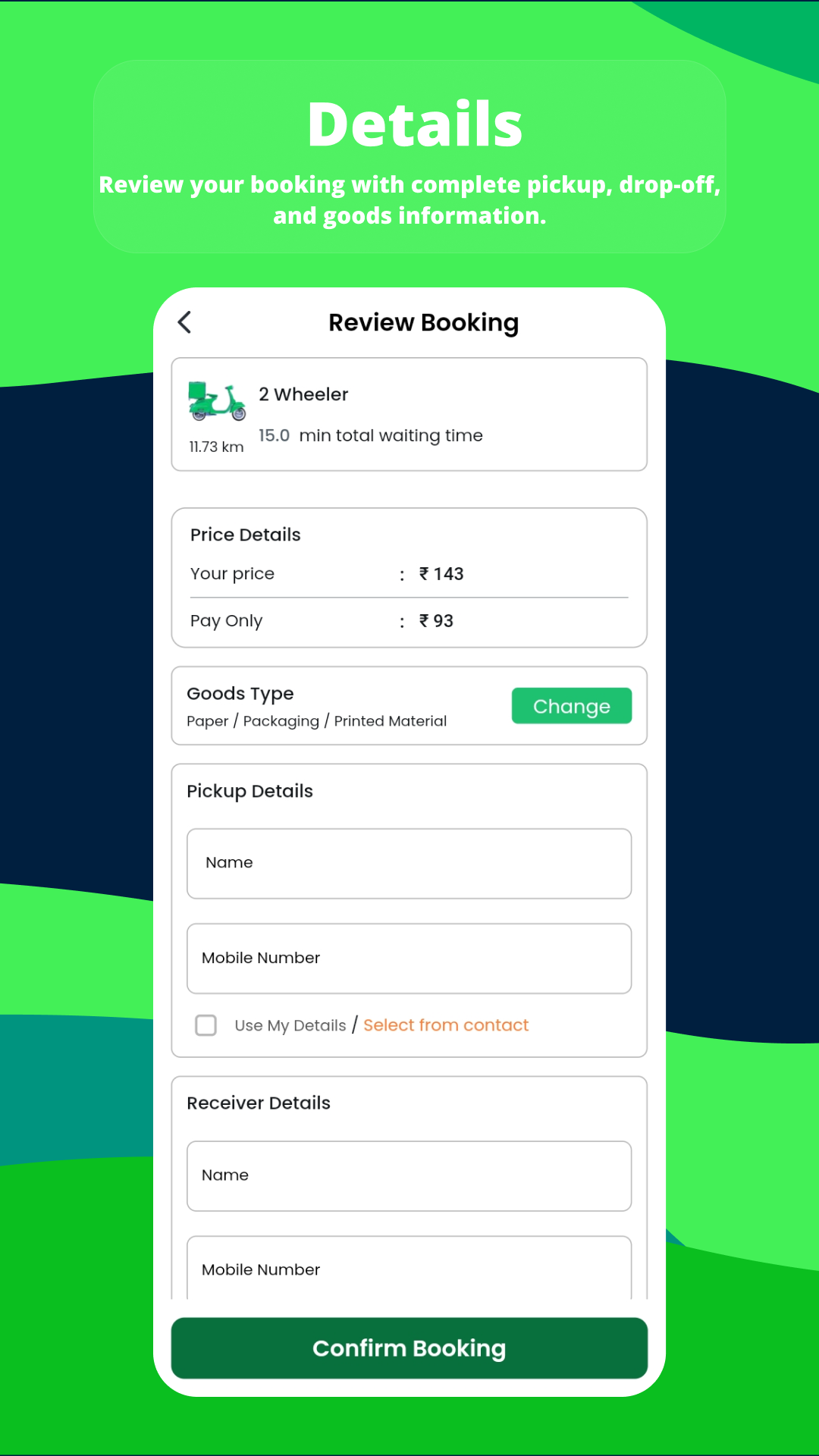 Semja app sender and receiver details screen with cargo description for efficient booking process