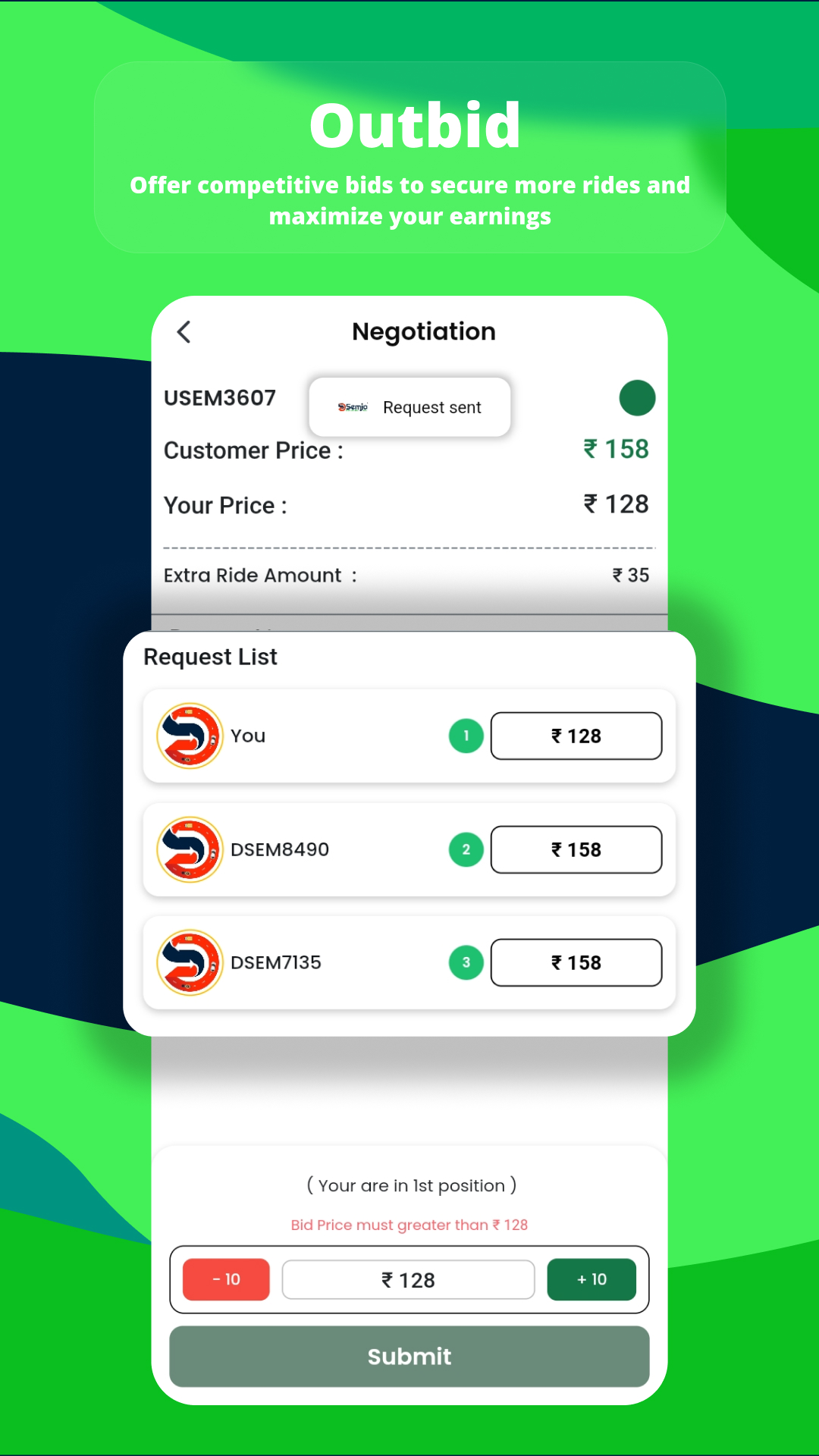 Driver app screen displaying a list of drivers negotiating prices, showing their rankings for the cargo booking