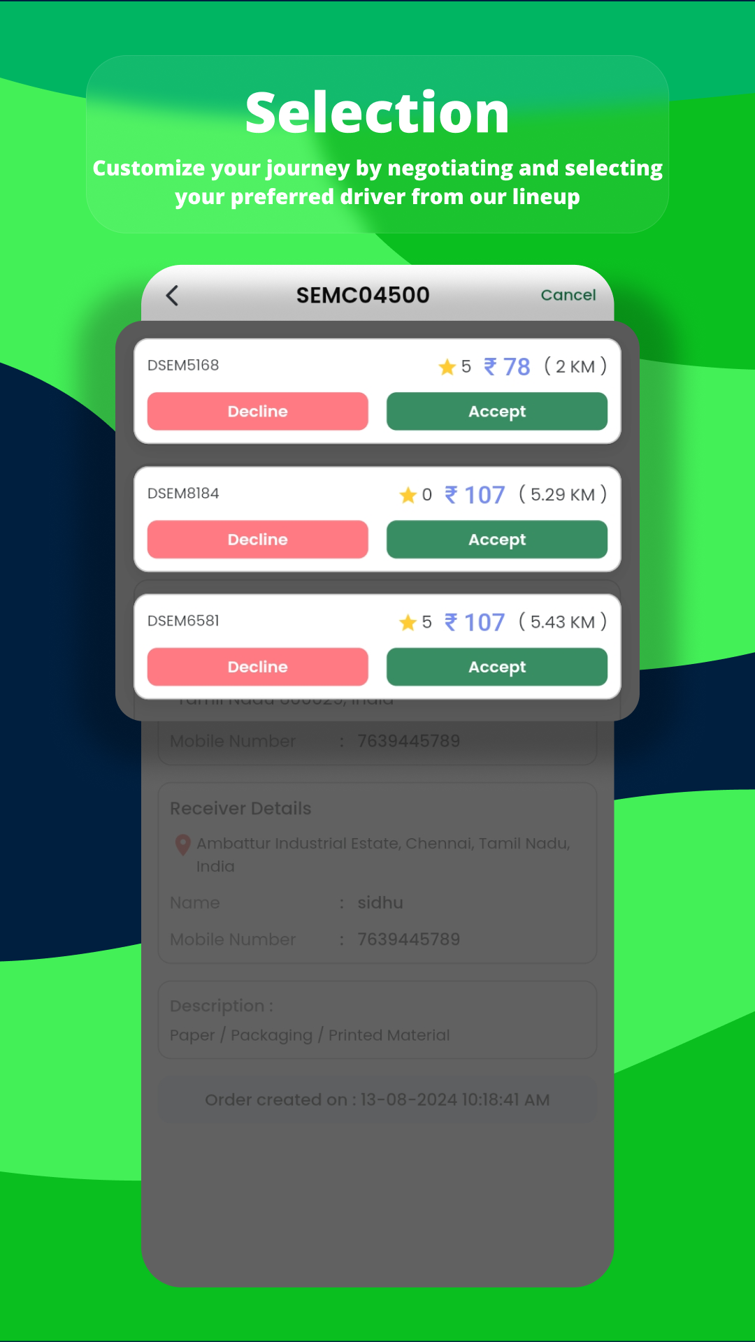 Semja app driver selection screen with list of drivers who have negotiated for the user's cargo booking