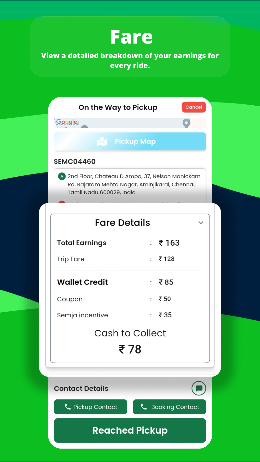 Semja Driver app screen displaying detailed trip fare breakdown for cargo delivery.