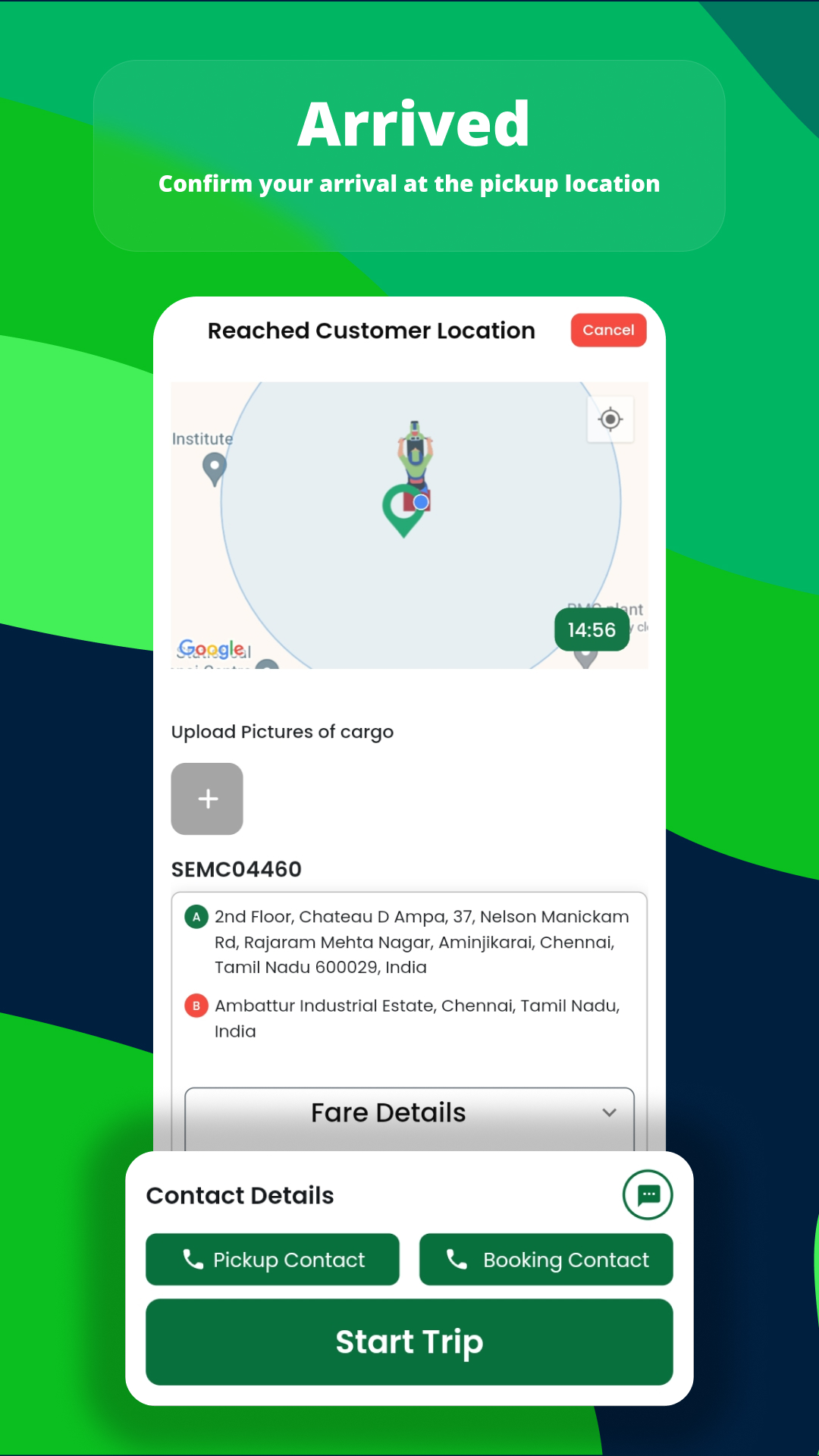 Semja Driver app screen showing notification for waiting time charges during cargo delivery.