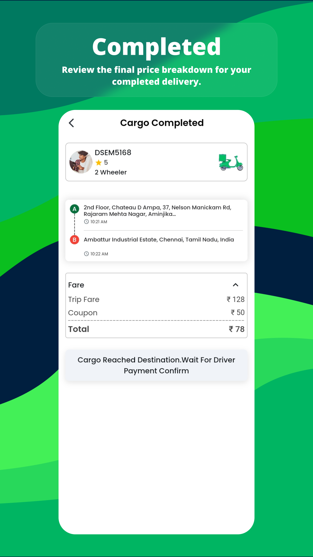 Semja app displaying payment breakdown, driver review option, and time taken for cargo delivery