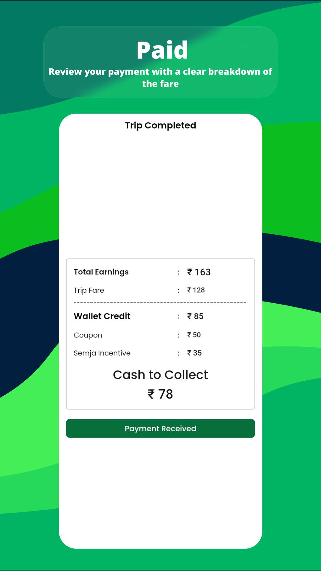 Semja Driver app screen displaying the payment slip and detailed payment breakdown after cargo delivery.